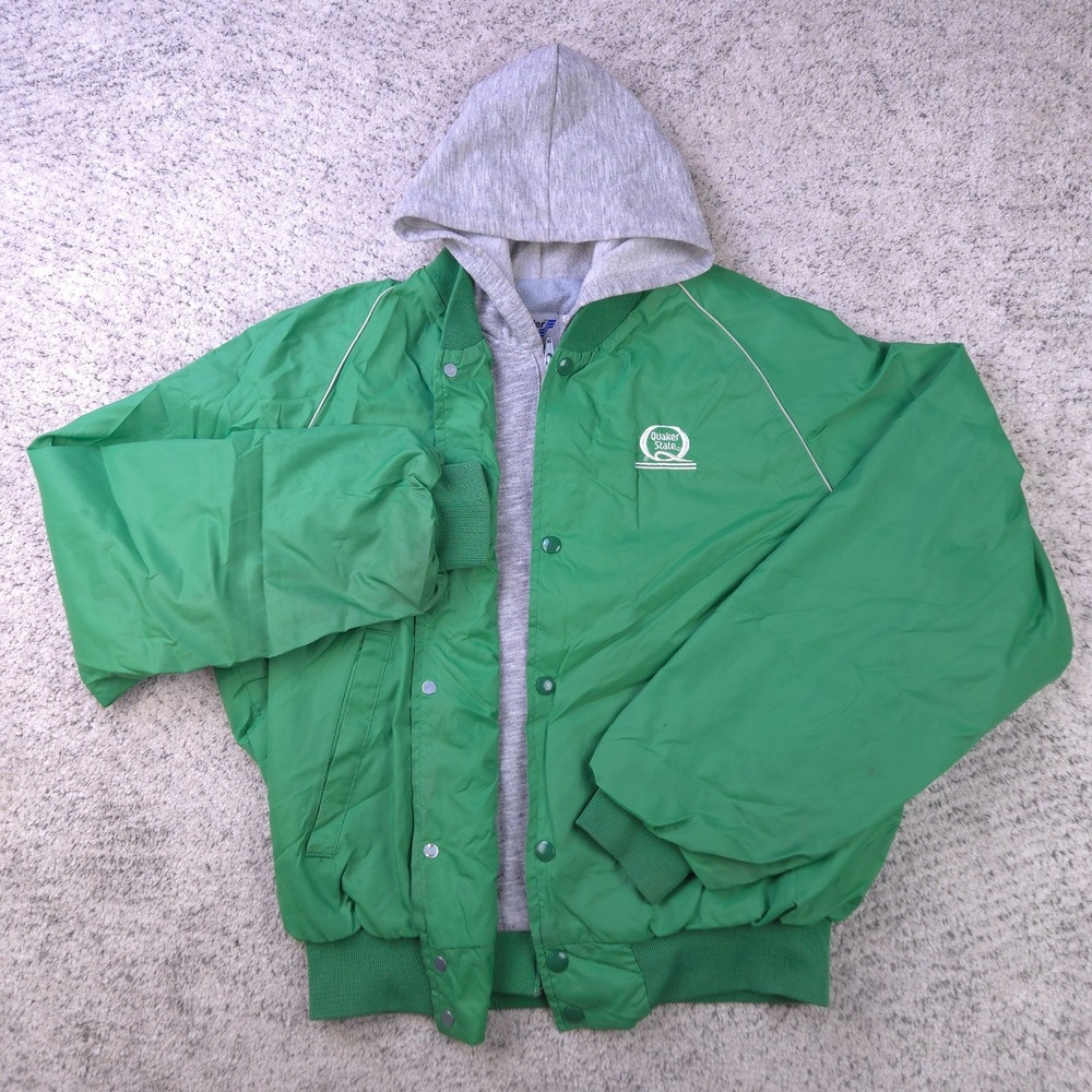 Vintage Swingster Jacket Mens Large Hoodie Hooded Quaker State Logo Green Gray
